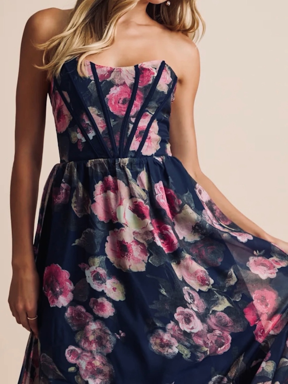 Roane Lulu's Navy Floral Bustier Strapless Maxi Dress Small - Picture 3 of 9